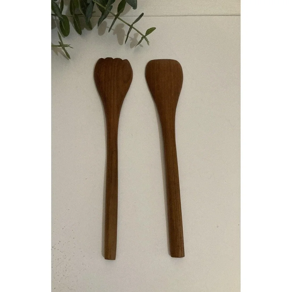 Vtg Teak Wood Salad Serving Set Spoon and Fork Salad Utensils MCM
